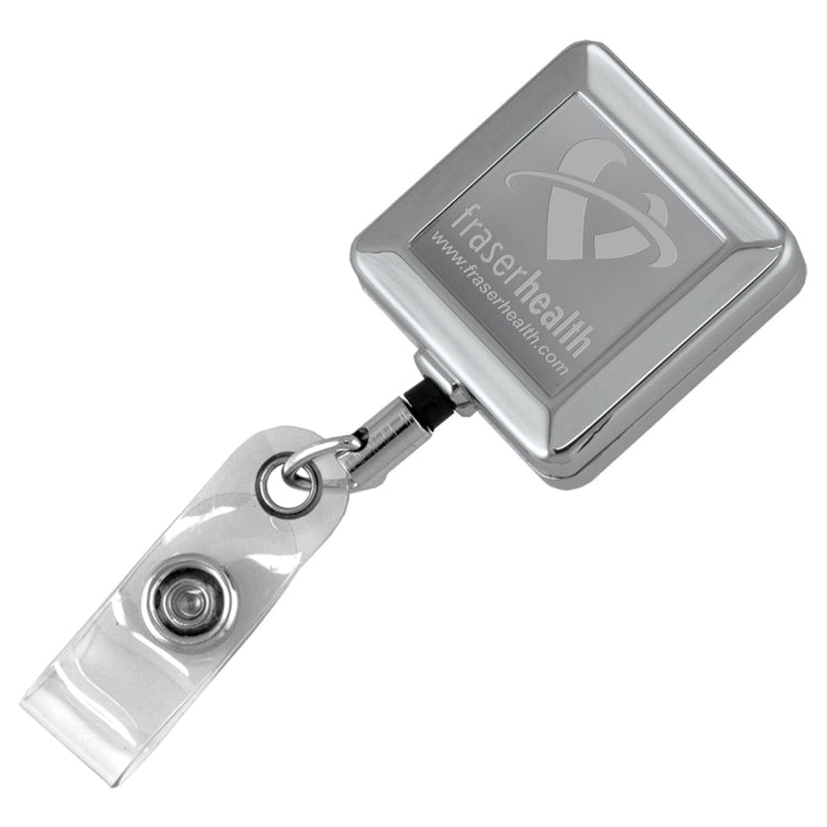 32" Cord Square Chrome Solid Metal Retractable Badge Reel and Badge Holder with Laser Imprint