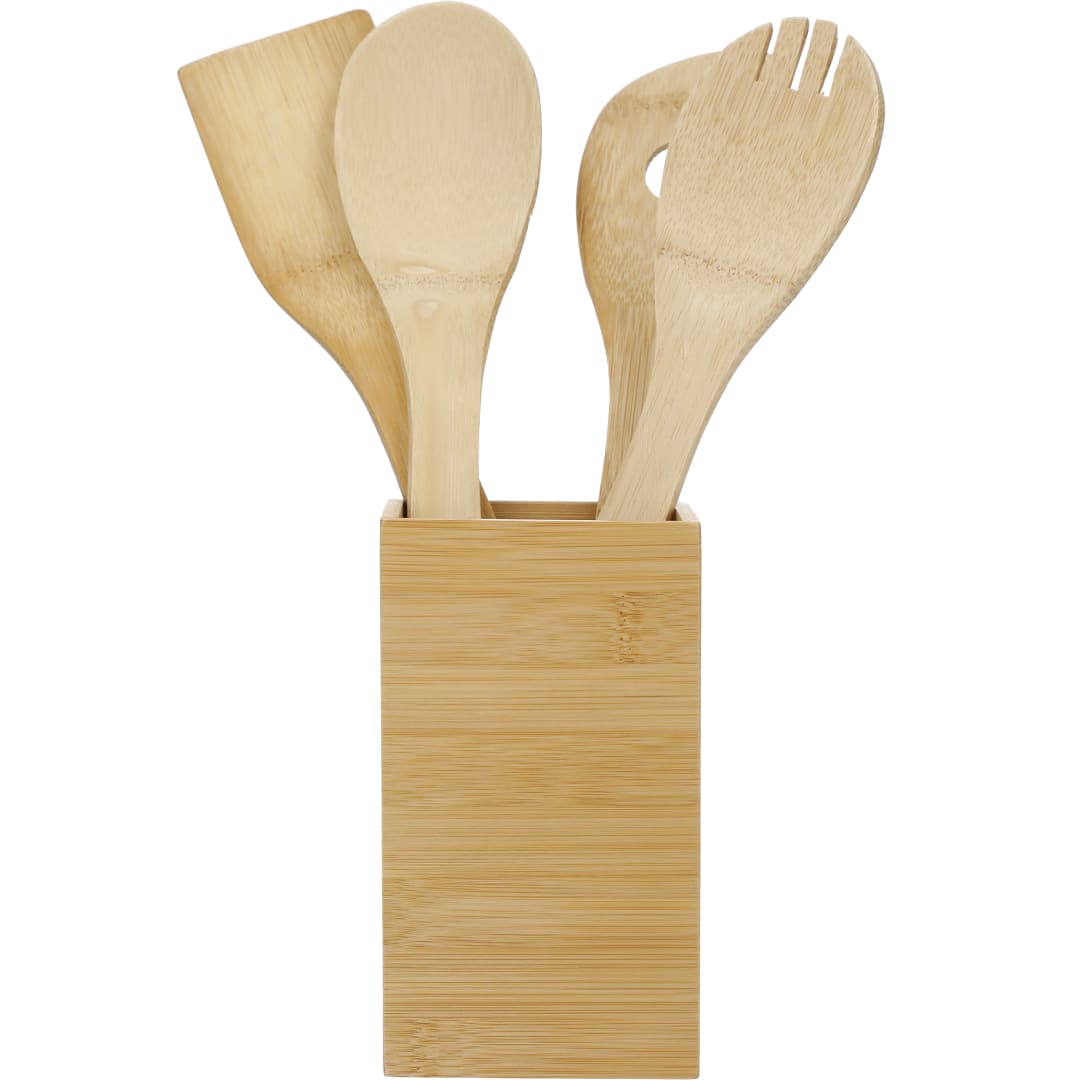 Front View of Natural Bamboo 4-piece Kitchen Tool Set and Canister