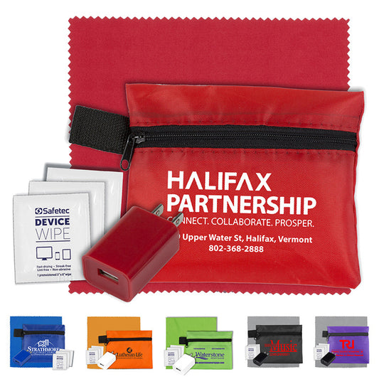 Blue "TECHPACK" Tech Hom and Travel Kit with Microfiber Cleaning Cloth and US Wall Charger