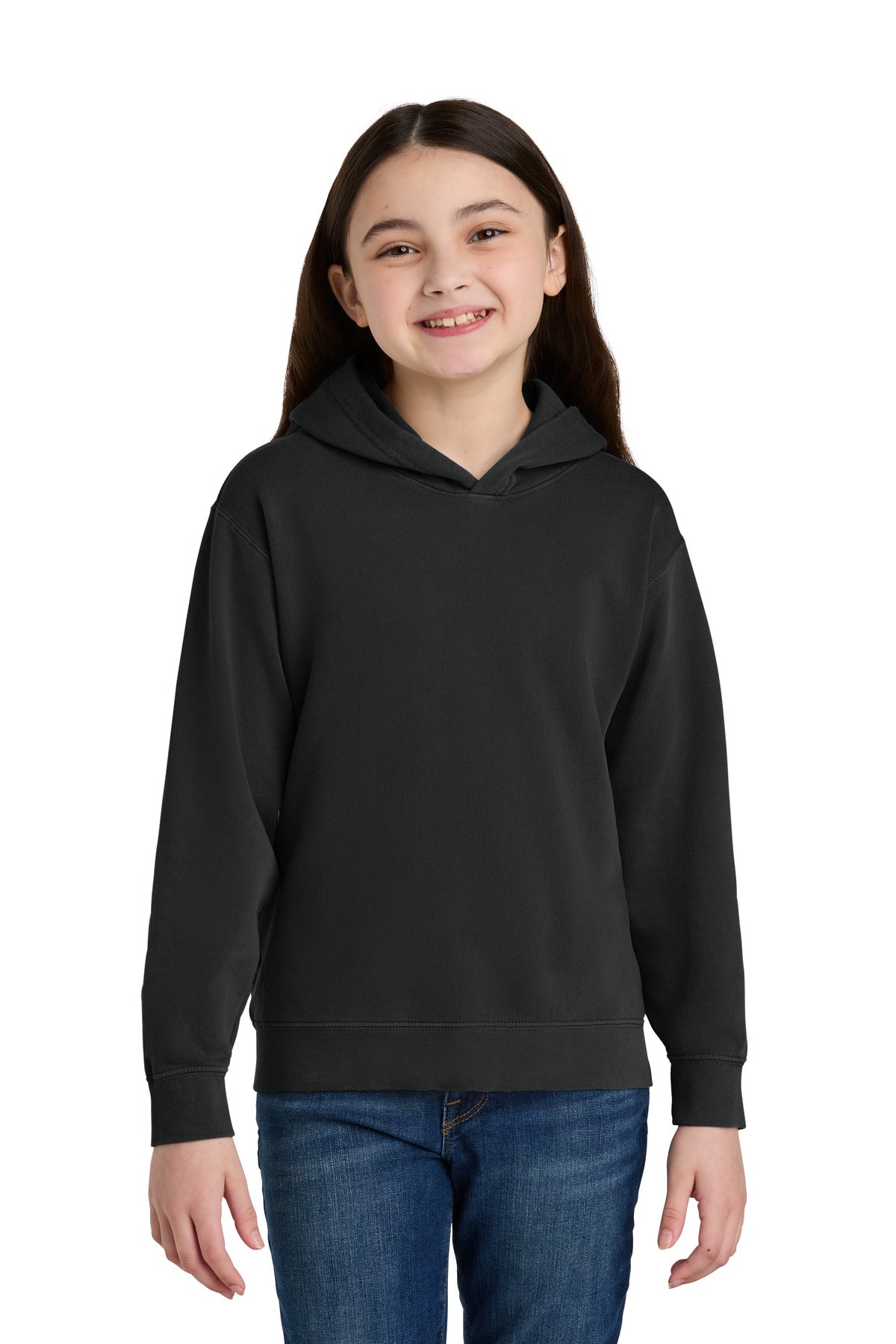Front View of Black Comfort Colors Youth Lightweight Hooded Sweatshirt 1467Y - XS