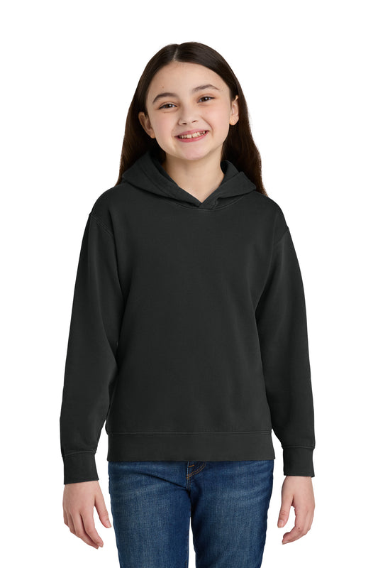 Front View of Black Comfort Colors Youth Lightweight Hooded Sweatshirt 1467Y - XS