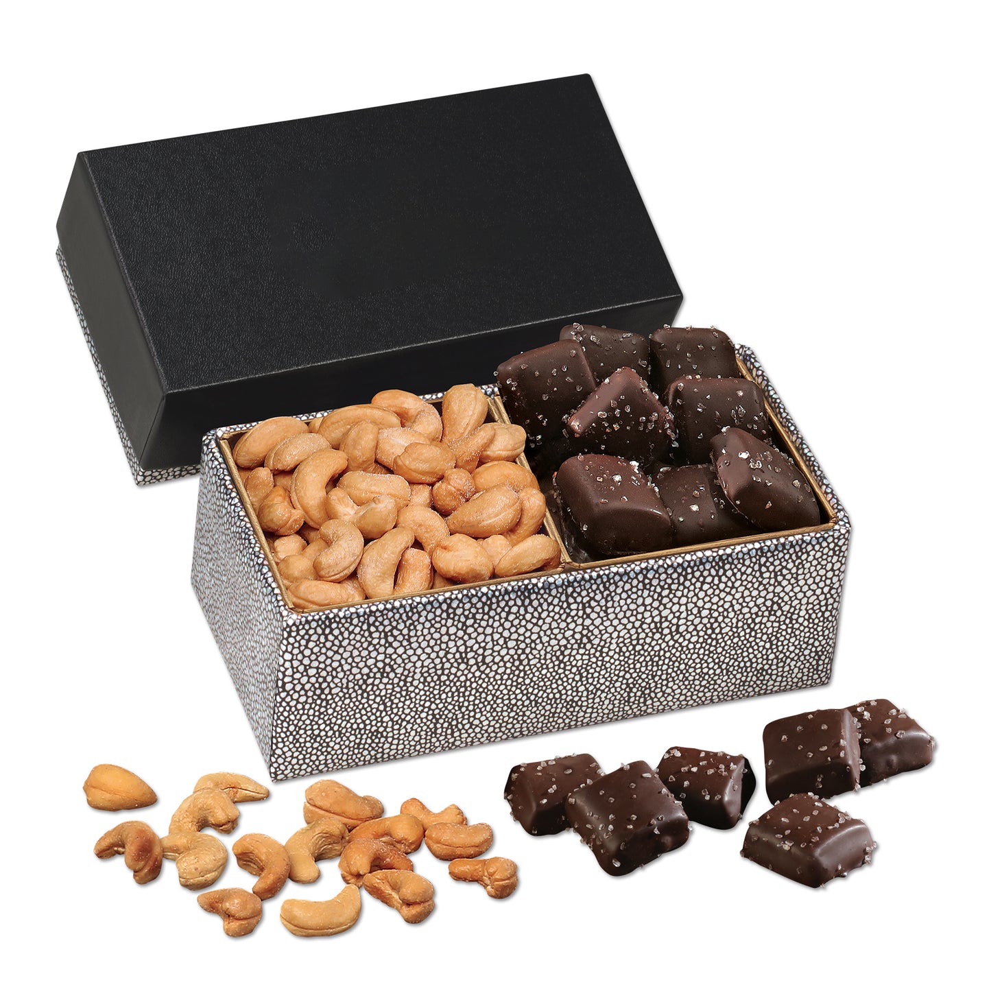 Cashews & Chocolate Sea Salt Caramels in Black & Silver Gift Box