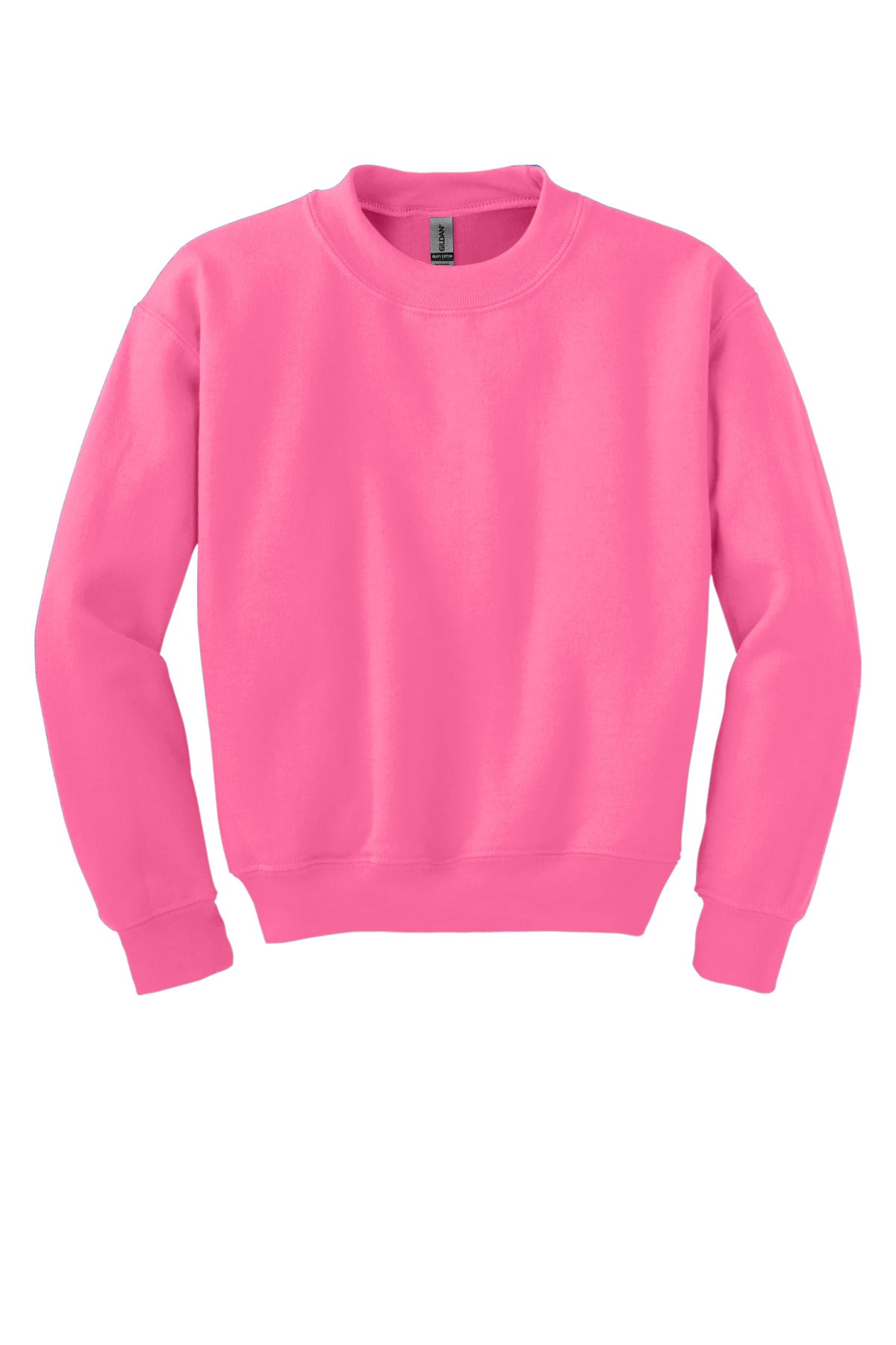 Front View of SafetyPink Gildan Youth Heavy Blend Crewneck Sweatshirt. 18000B - XS