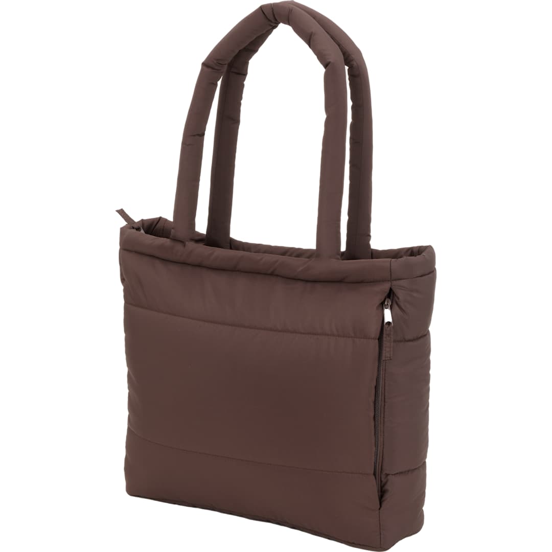Front View of Brown Puffer Recycled 15" Laptop Tote