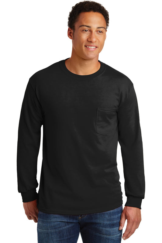 Front View of Black Gildan - Ultra Cotton 100% US Cotton Long Sleeve T-Shirt with Pocket. 2410 - S