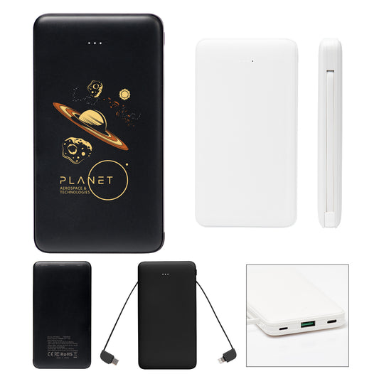 BLACK 10,000 mAh Power Bank With Integrated Cables