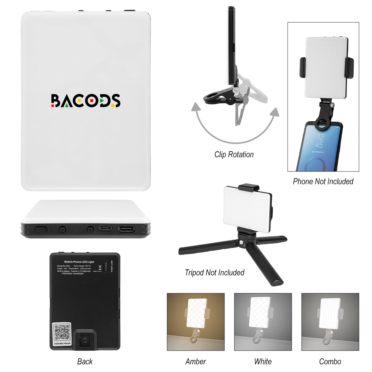 BLACK WITH WHITE 60 LED High Power Video Light Clip