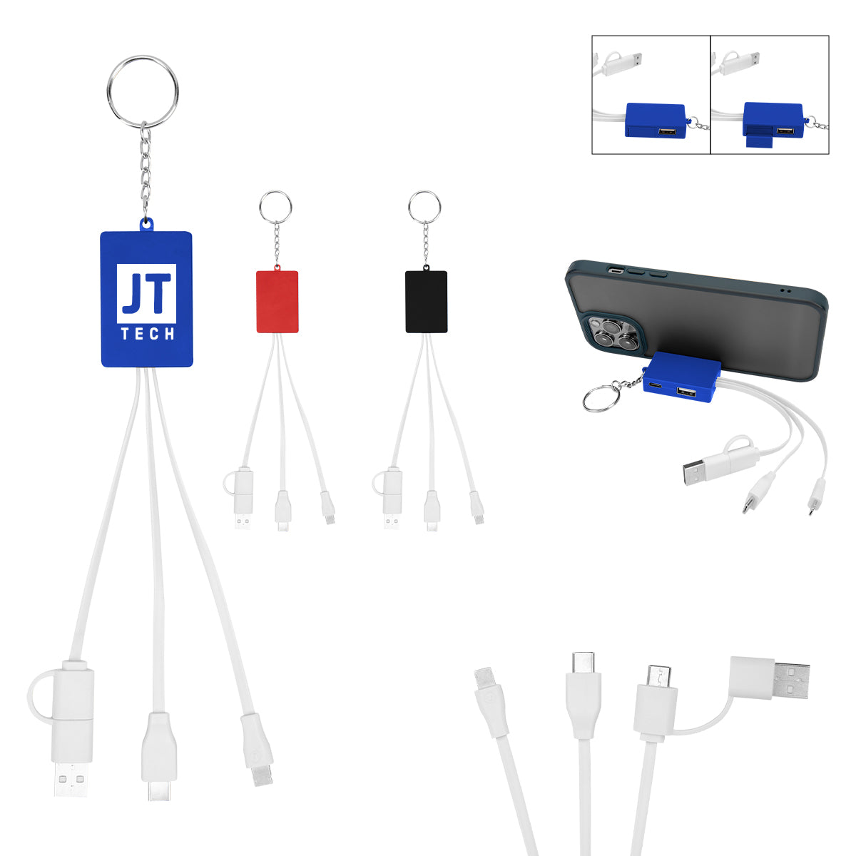 BLACK WITH WHITE Multi-Charging Cable USB Hub Keyring