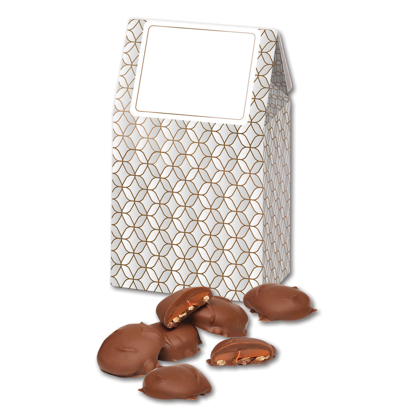 Caramel Pecan Clusters in Silver & Gold Geometric Gable Top Gift Box