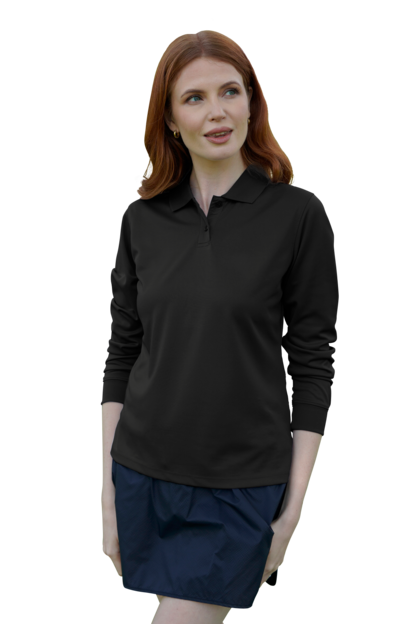 Black Women's Vansport Omega Long Sleeve Solid Mesh Tech Polo - S