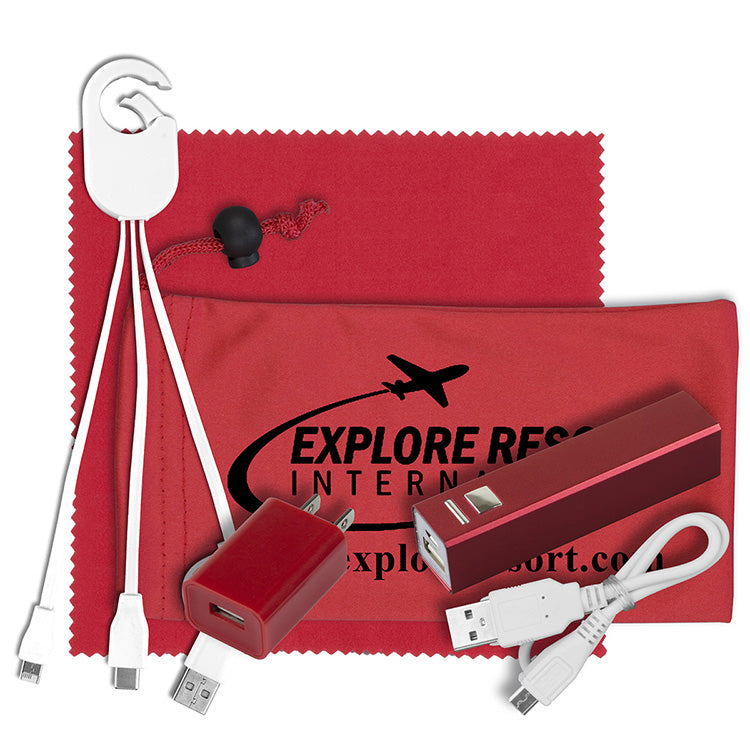 Mobile Tech Metal Power Bank Charging Kit with Microfiber Cloth in Microfiber Cinch Pouch