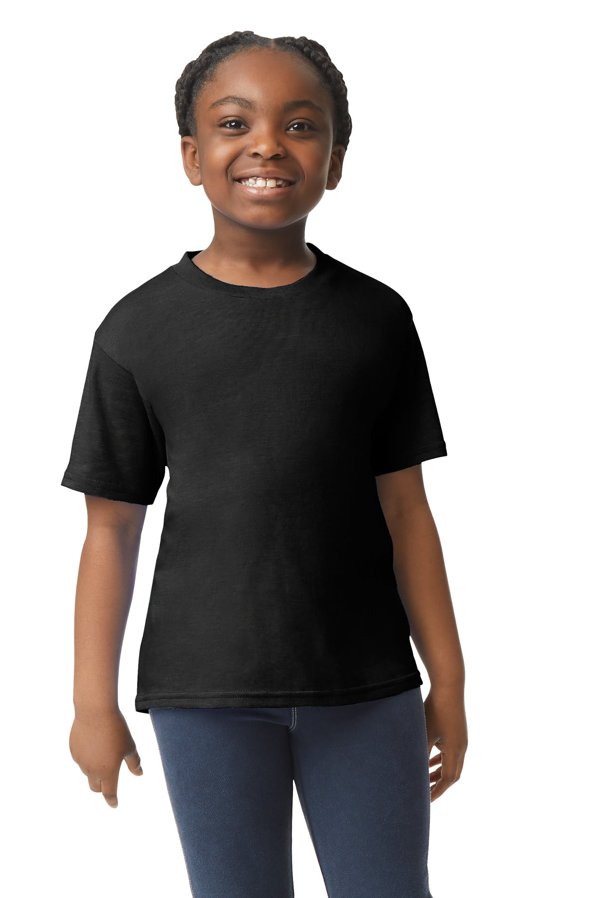 Front View of Black Gildan Youth Light Cotton Tee 3000B - XS