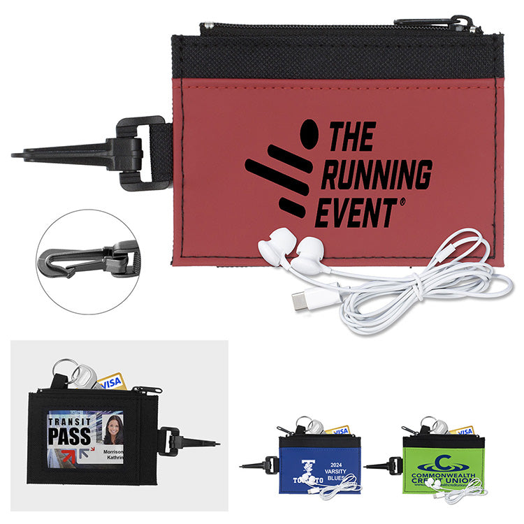 Blue Mobile Tech Earbud Kit in Travel ID Wallet Components inserted into Zipper Pouch ID Wallet