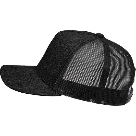 Left View of Black Recycled Cotton Canvas 5 Panel Mesh Back Ballcap