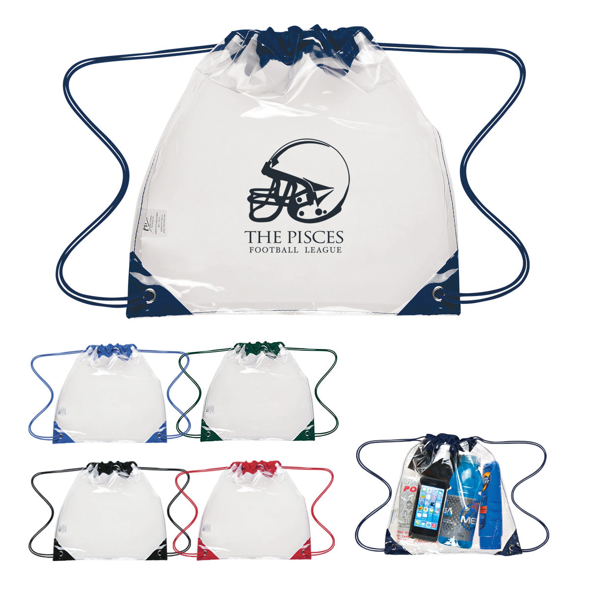 CLEAR WITH BLACK Touchdown Clear EVA Drawstring Backpack
