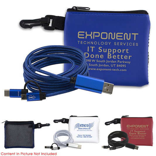 Blue “TechMesh Wired” Mobile Tech Charging Cable Kit in Mesh Zipper Pouch Components inserted into Zipper