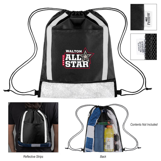 BLACK Game Time rPET Reflective Drawstring Bag