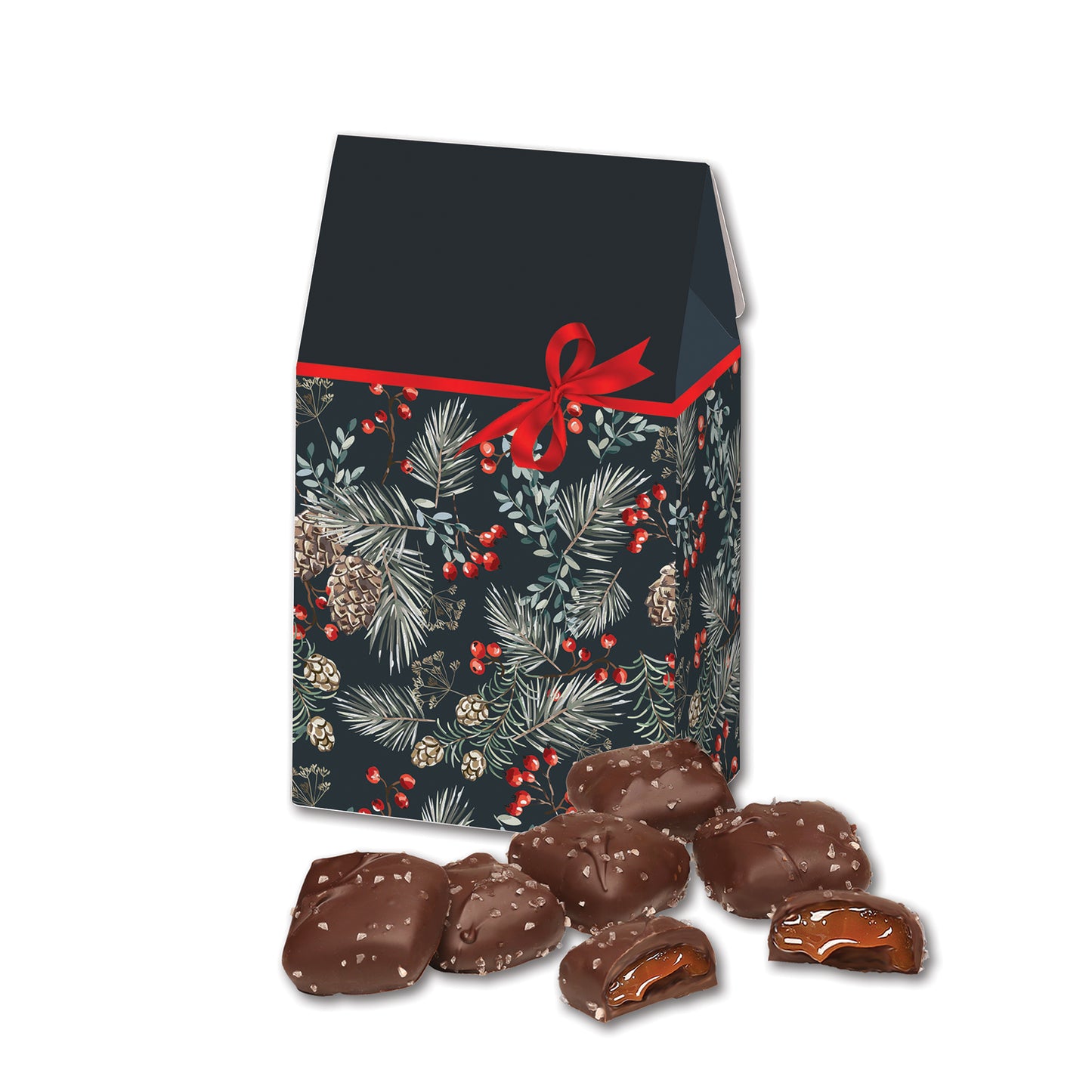 Chocolate Sea Salt Caramels in Pine Boughs & Berries Gable Top Gift Box
