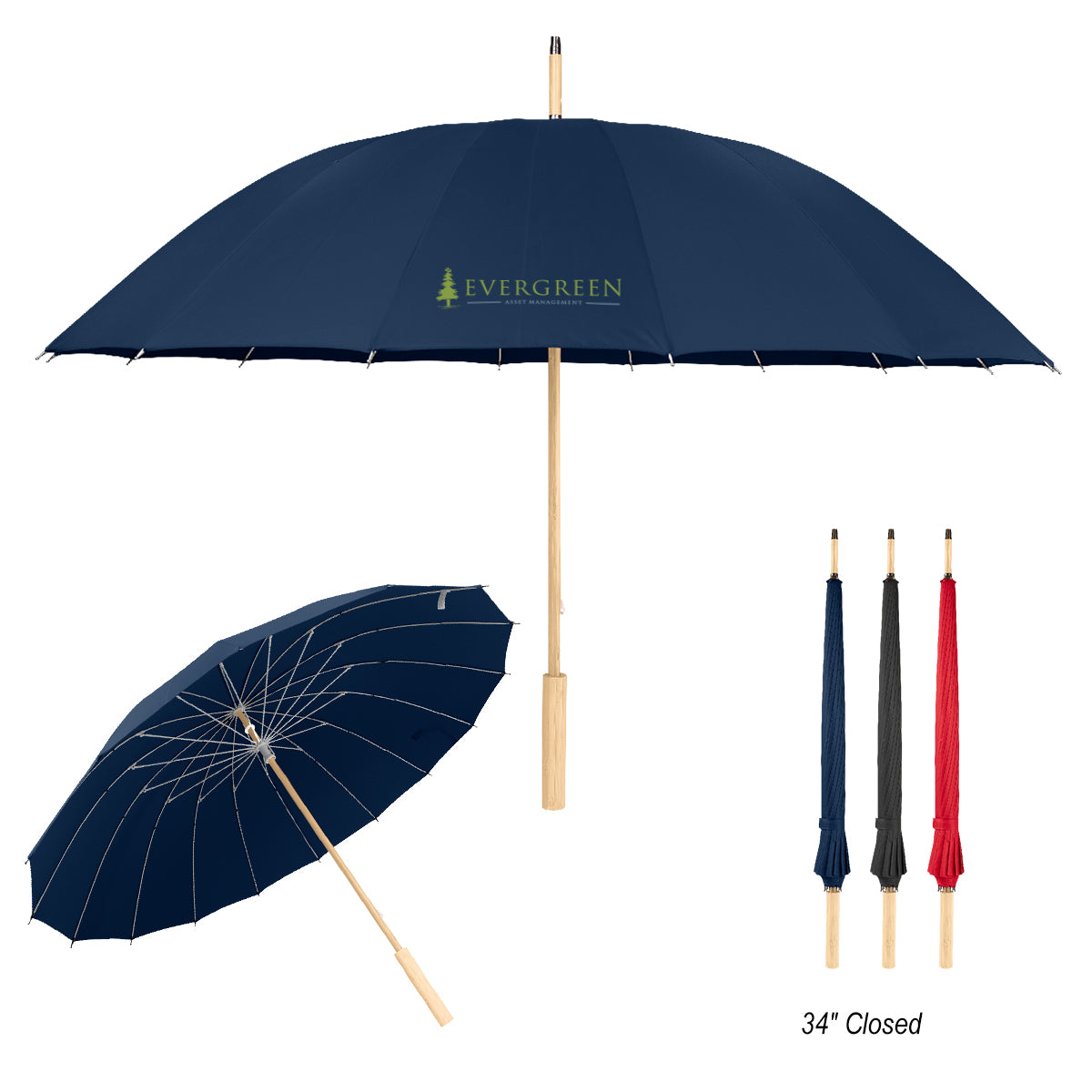 BLACK 46" Arc Umbrella With 100% RPET Canopy & Bamboo Handle