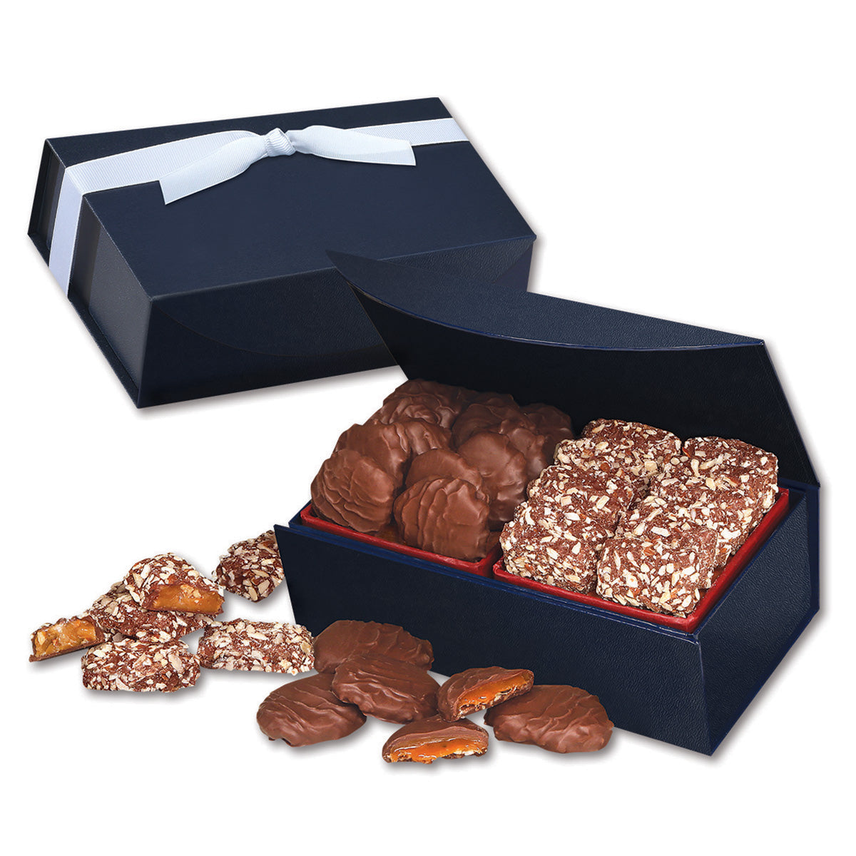 English Butter Toffee & Caramel Pecan Clusters in Navy Magnetic Closure Box