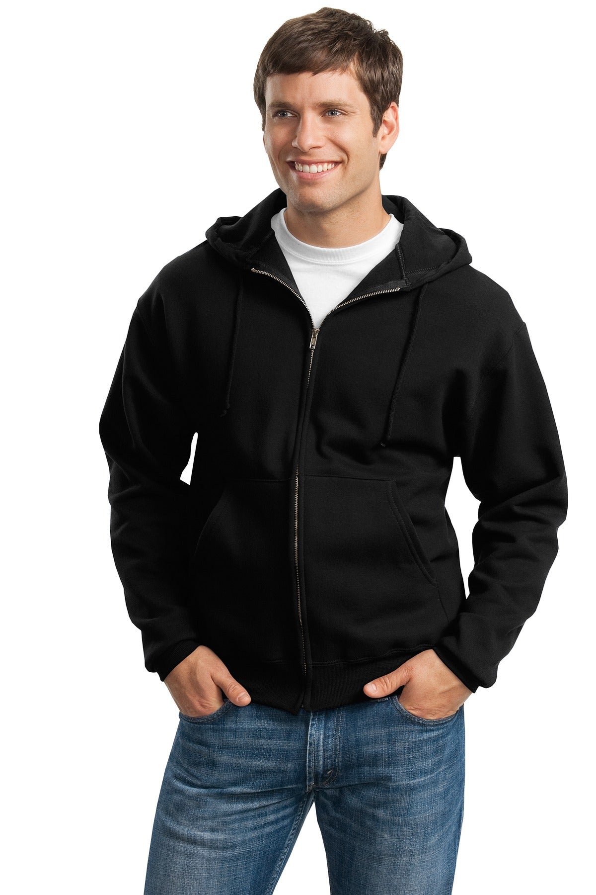 Front View of Black Jerzees Super Sweats NuBlend - Full-Zip Hooded Sweatshirt. 4999M - S