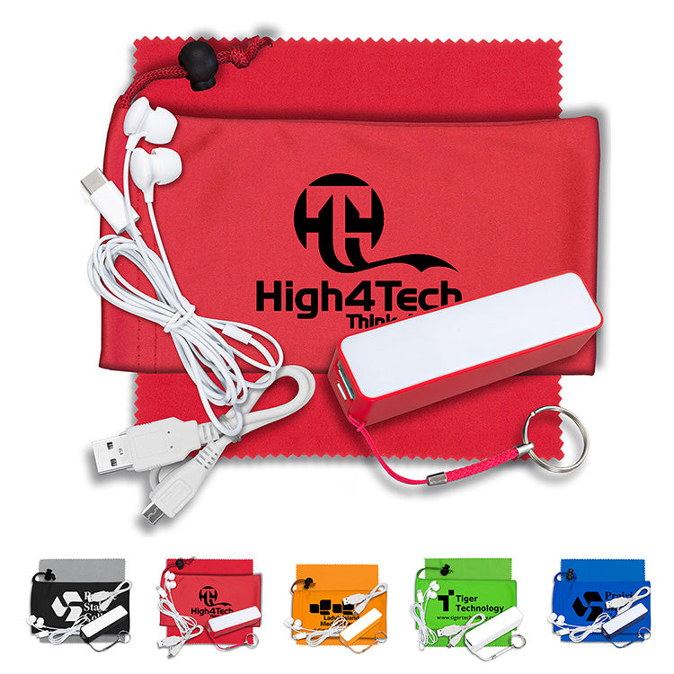 Red Mobile Tech Power Bank Accessory Kit with Earbuds in Microfiber Cinch Pouch