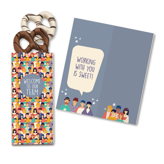 One Color Foil-Stamped Stock Welcome Sweeter Cards with Chocolate Dipped Pretzels