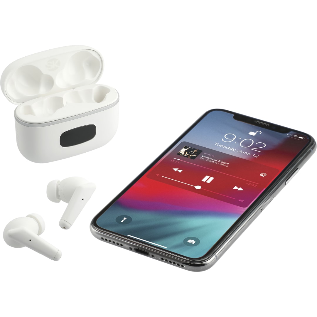 Front View of White Solekick™ True Wireless Auto Pair Earbuds