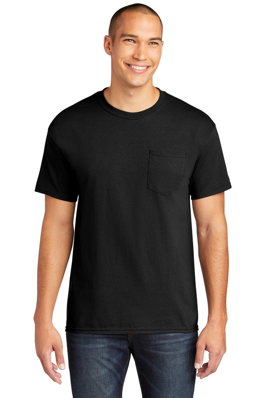 Front View of Black Gildan Heavy Cotton 100% Cotton Pocket T-Shirt. 5300 - S