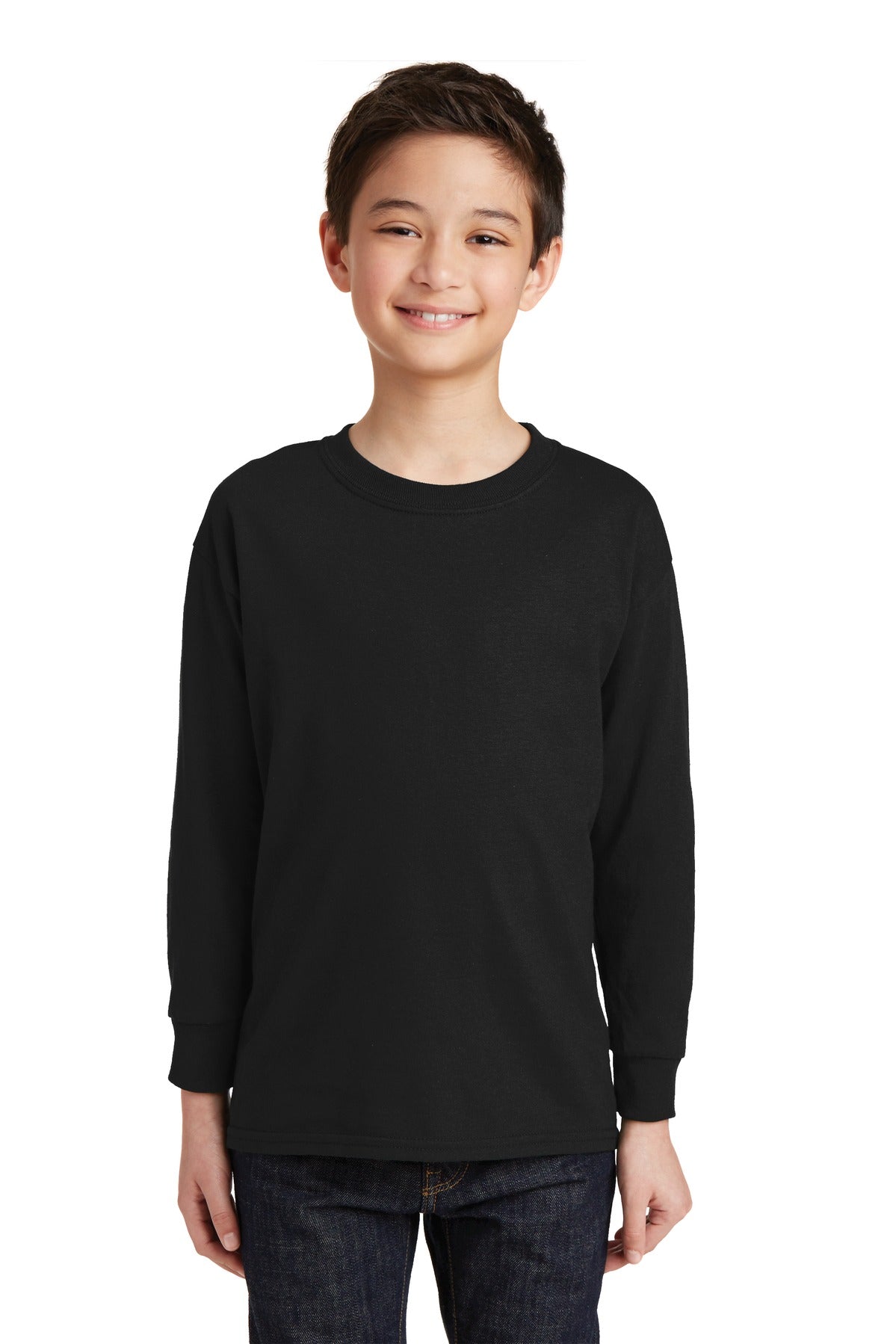 Front View of Black Gildan Youth Heavy Cotton 100% Cotton Long Sleeve T-Shirt. 5400B - XS
