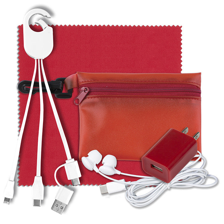 "Miramar" Mobile Tech Earbud and Charging Kit in Translucent Carabiner Zipper Pouch