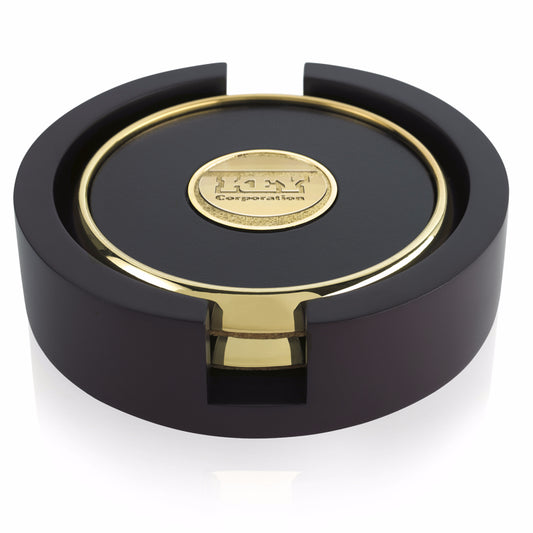 Front View of Wood JAFFA® Two Round Coasters with Wood Tray