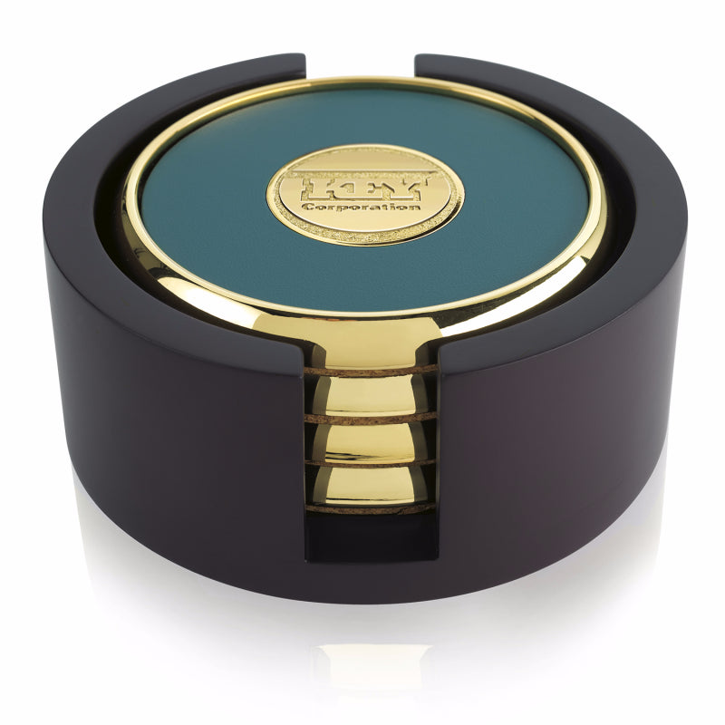 Front View of Wood JAFFA® Four Round Coasters with Wood Tray