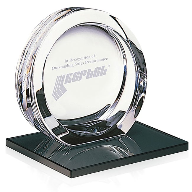 Front View of Clear MARIO CIONI High Tech Award on Black Glass Base - Large