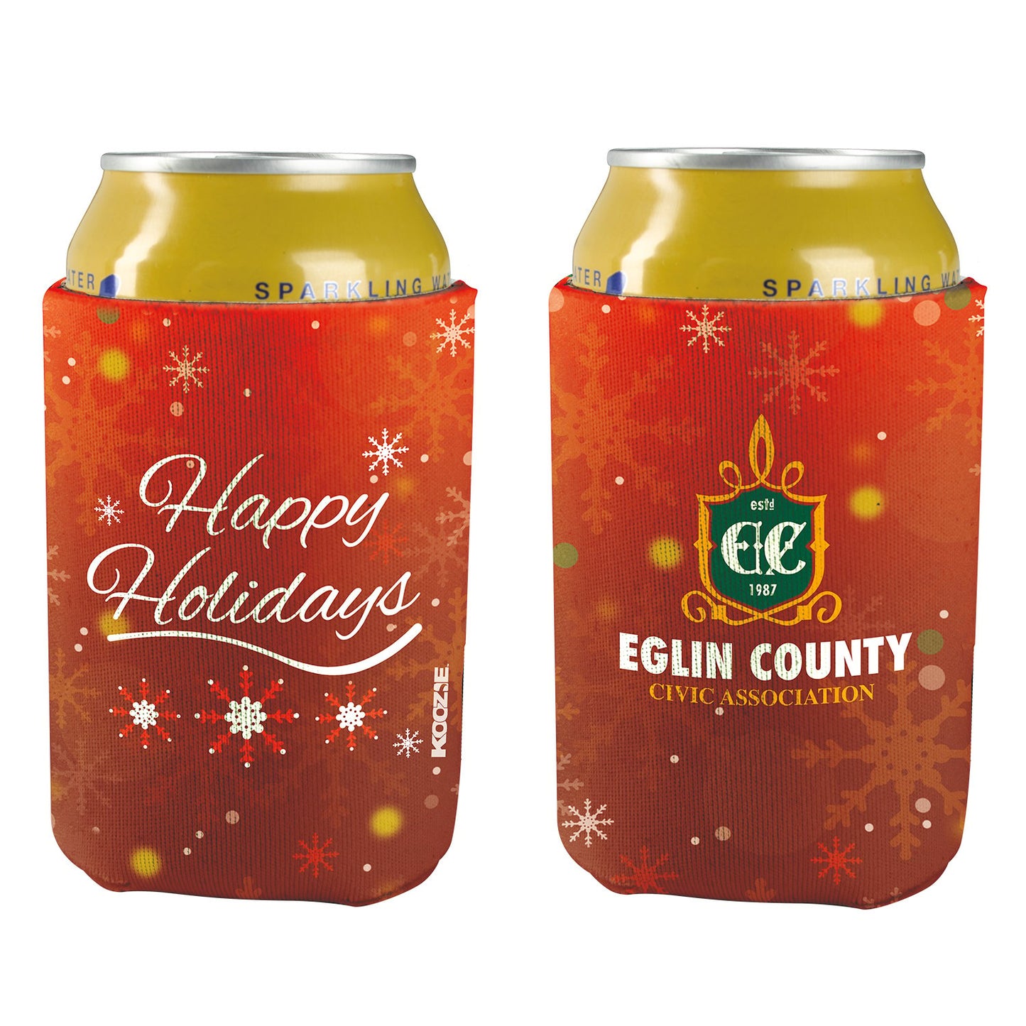 Front View of White Koozie® britePix® Holiday Can Cooler