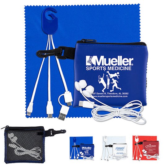 Blue “TechMesh Hang Pro” Mobile Tech Charging Cable Kit in Mesh Zipper Pouch Components inserted into Zip