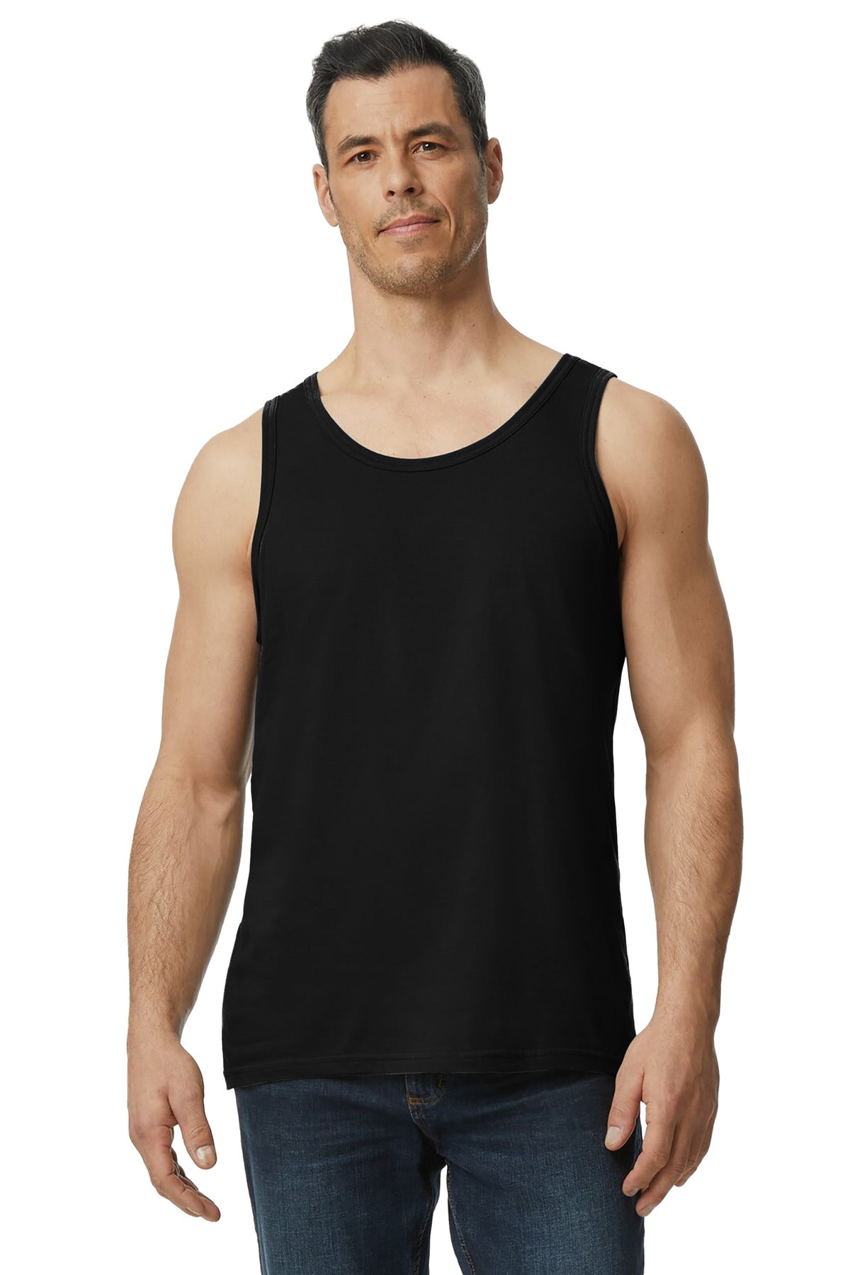 Front View of Black Gildan Softstyle Tank Top 64200 - S