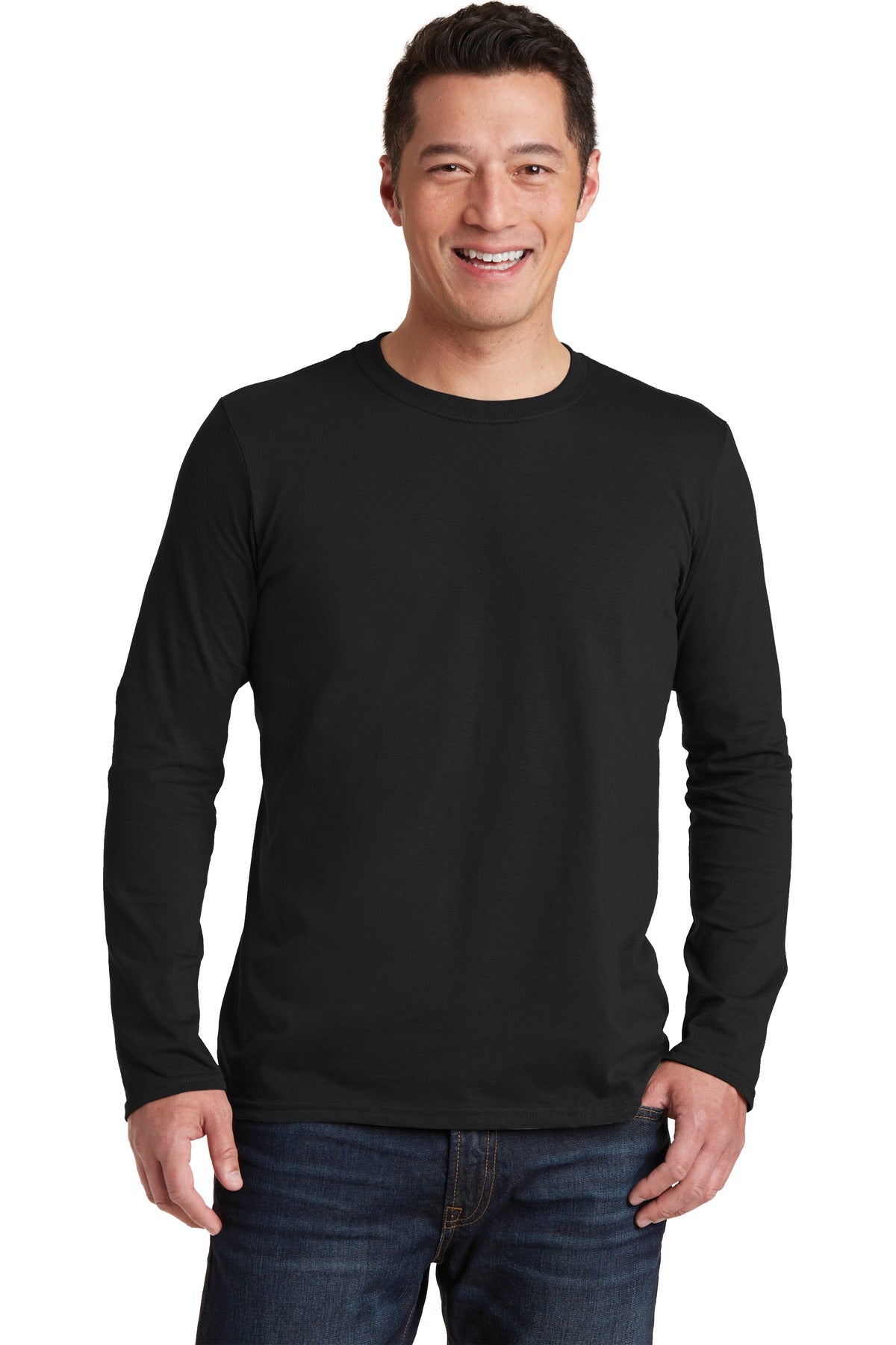 Front View of Black Gildan Softstyle Long Sleeve T-Shirt. 64400 - S