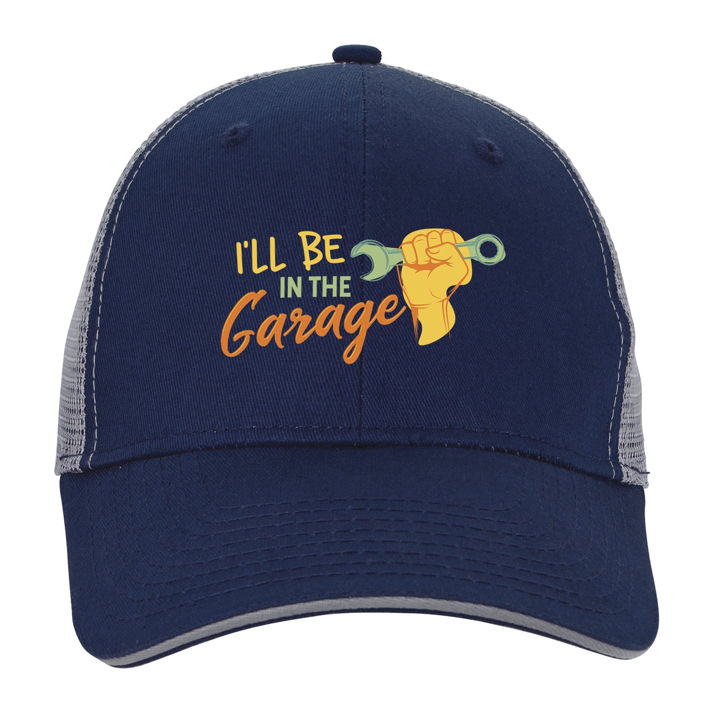 Front View of Black/Blaze/White Roadster Trucker Cap with Sandwich