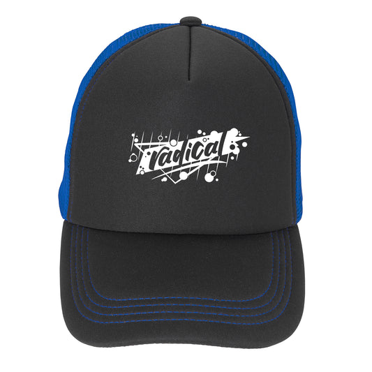 Front View of Black/Blue/Blue Foam Trucker Cap