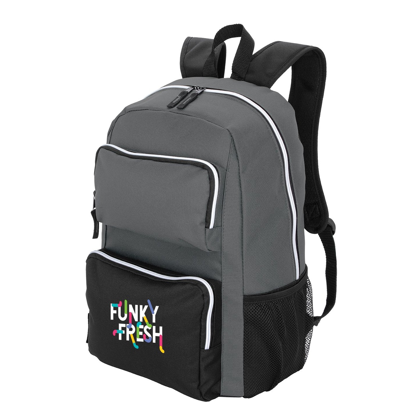 Front View of Gray RPET Double-Pocket Computer Backpack