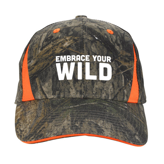 Front View of Mossy Oak Country/Blaze Camo Cap With Blaze Inserts