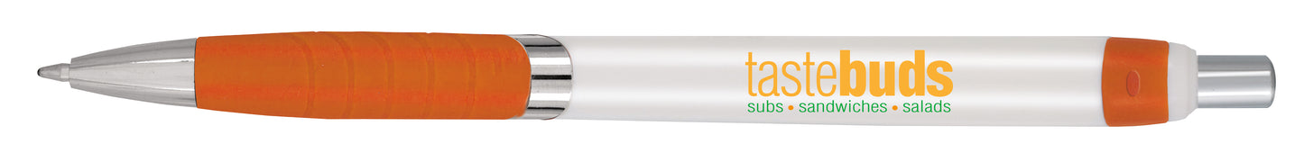 Front View of Black with Blue Ink White Epiphany Pen