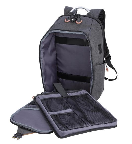 Inside View of Charcoal/Tan SCX Innovative Design™ Computer Backpack with USB Port