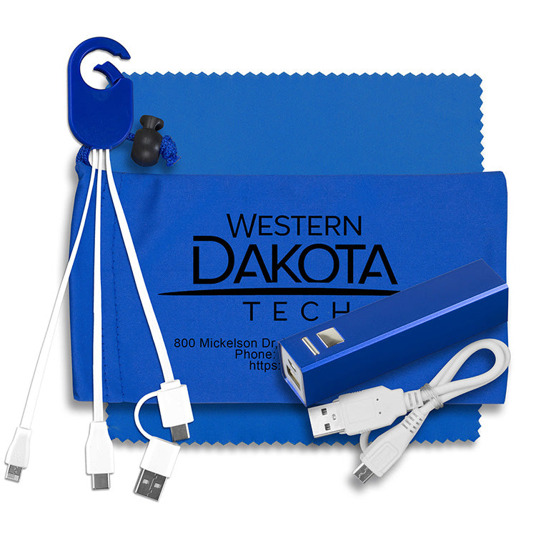 Mobile Tech Metal Power Bank Charging Kit in Microfiber Cinch Pouch Components inserted into Zipper
