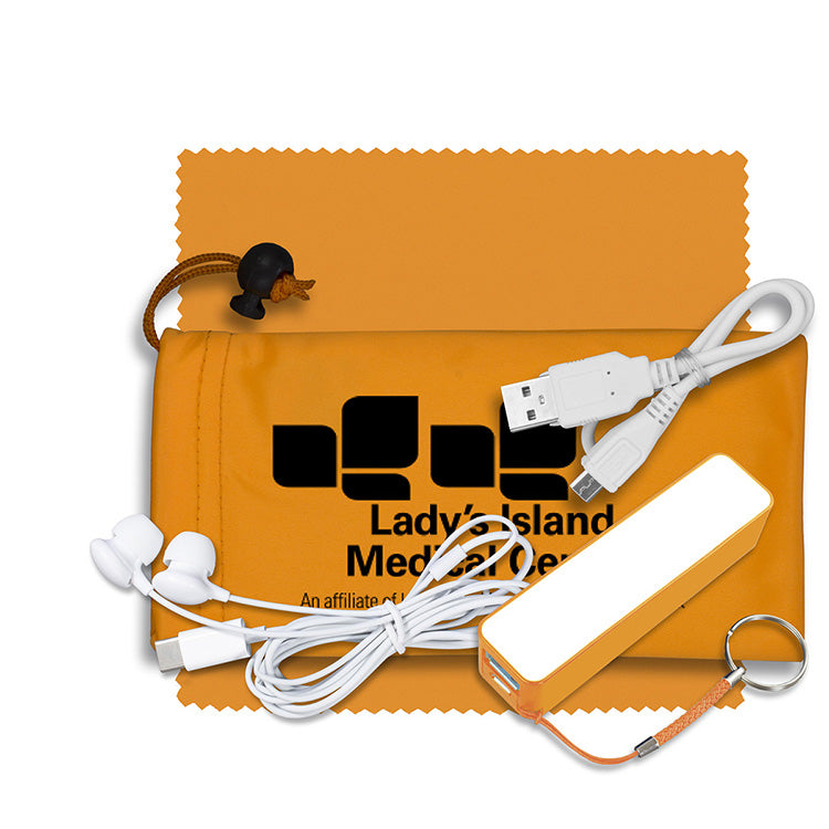 Mobile Tech Power Bank Accessory Kit with Earbuds in Microfiber Cinch Pouch