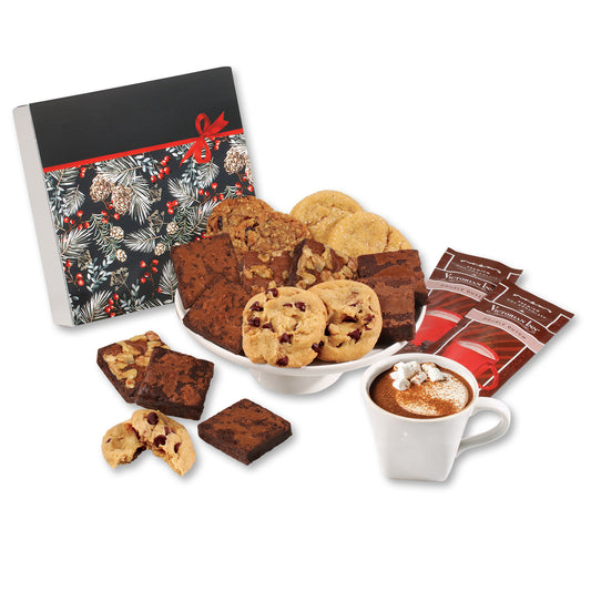 Gourmet Cookie & Brownie Gift Box with Pine Boughs & Berries Sleeve