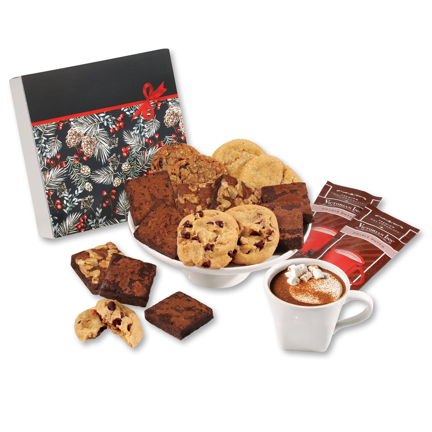 Gourmet Cookie & Brownie Gift Box with Pine Boughs & Berries Sleeve