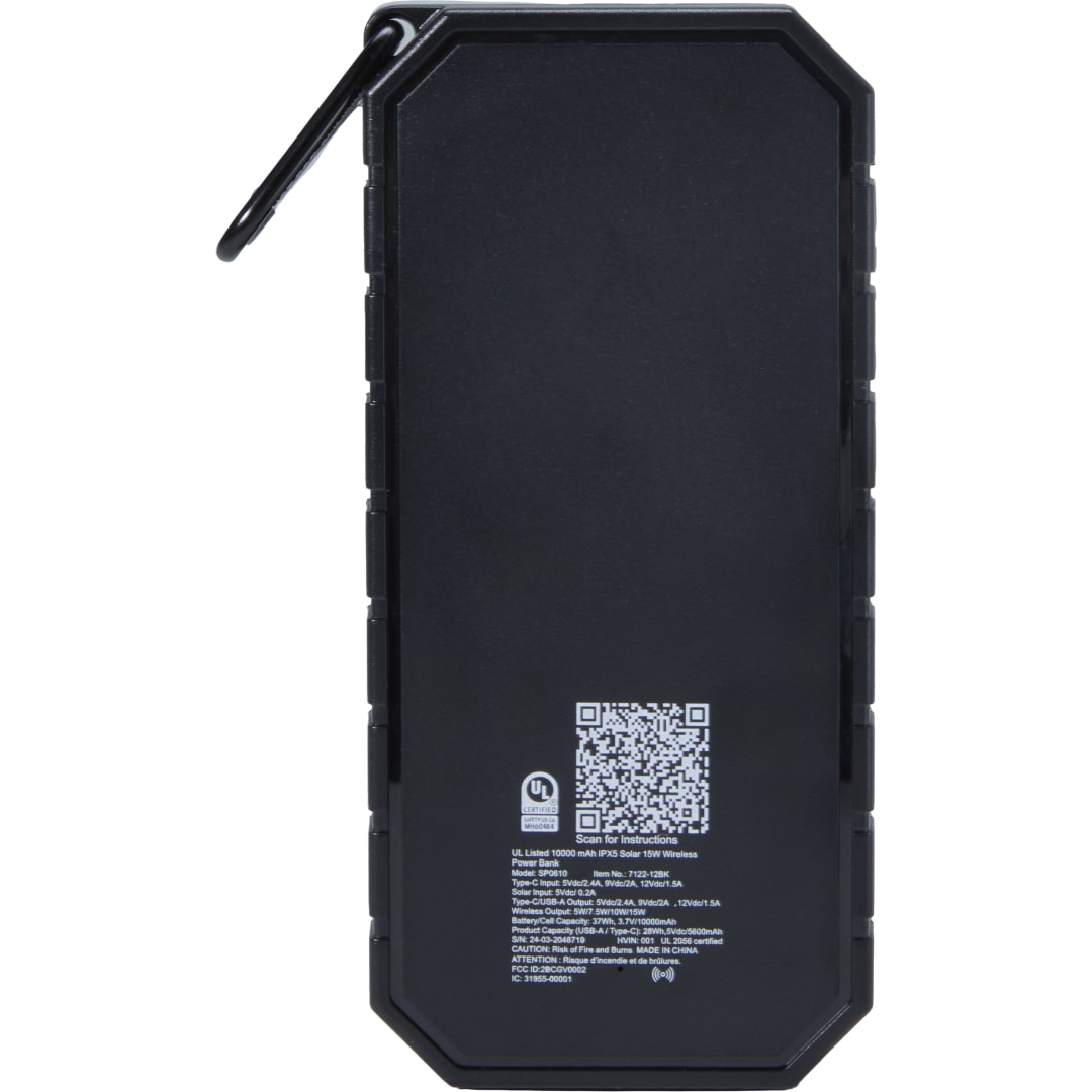 Front View of Black UL Listed 10000 IPX5 Solar 15W Wireless Power Ban