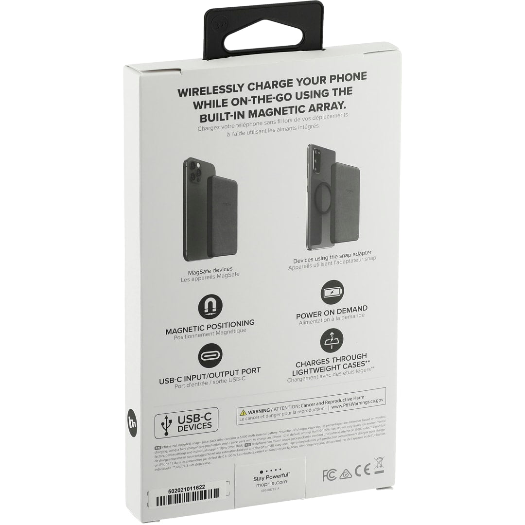 Front View of Black mophie® Snap+ Mini 5000 mAh Wireless Power Bank